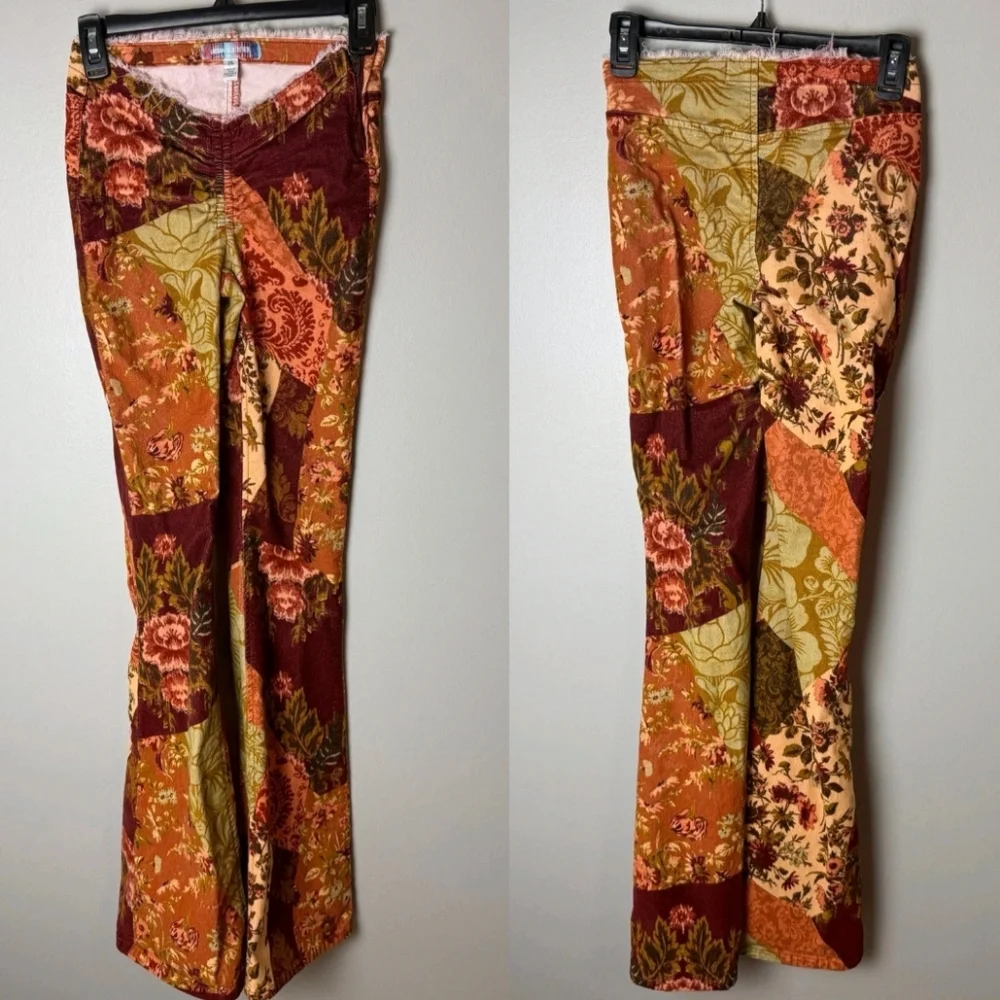 Velvet Floral Patchwork 60s 70s Vintage Aesthetic Bell Bottom Flare Pants Boho
